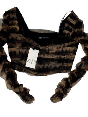 ZARA Corsetry Tulle Ruffle Sleeve Crop Top